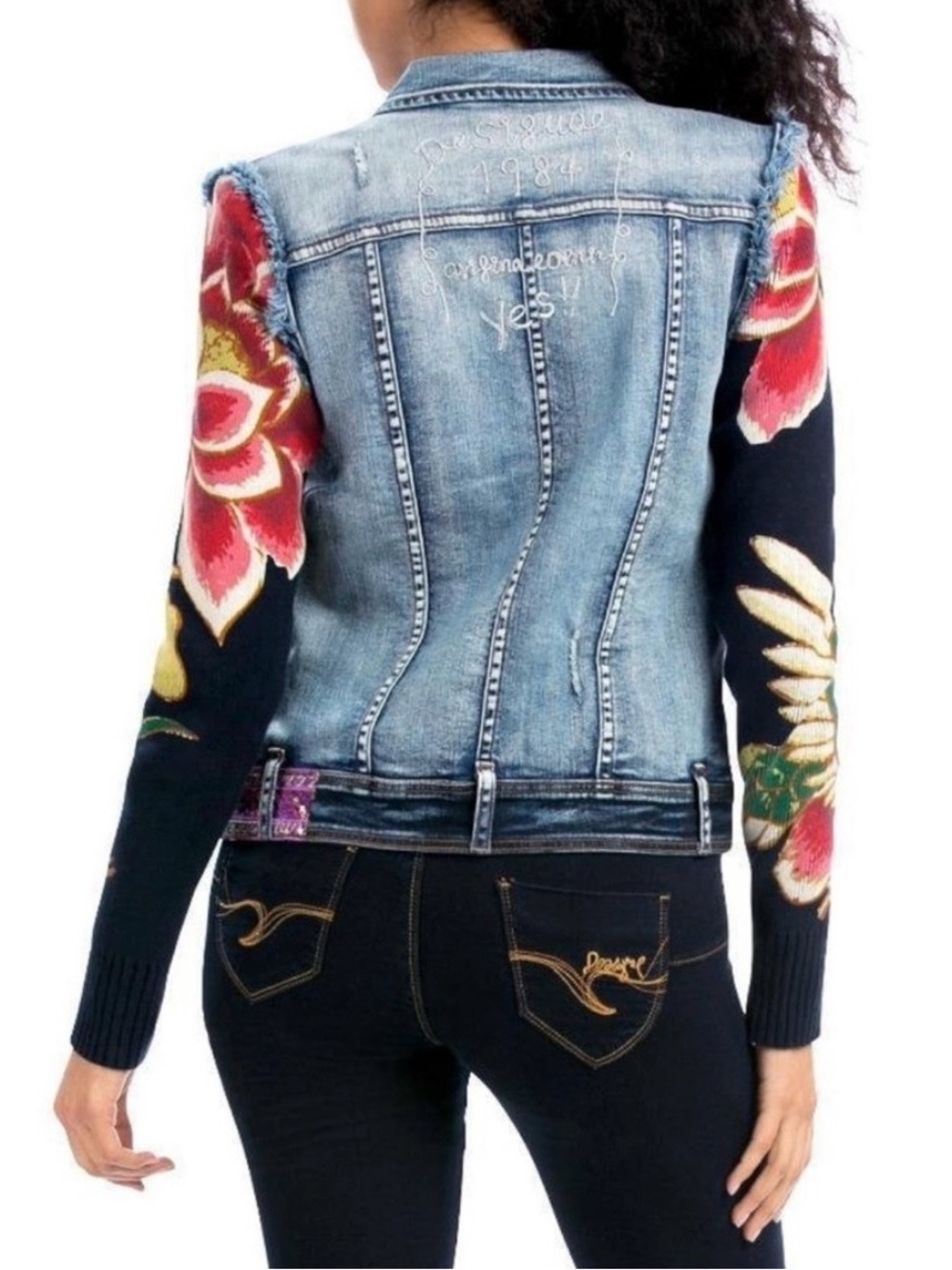 Desigual Mixed Denim & Floral Knit Jacket - Blue, Black, Red, Green - Picture 2 of 6